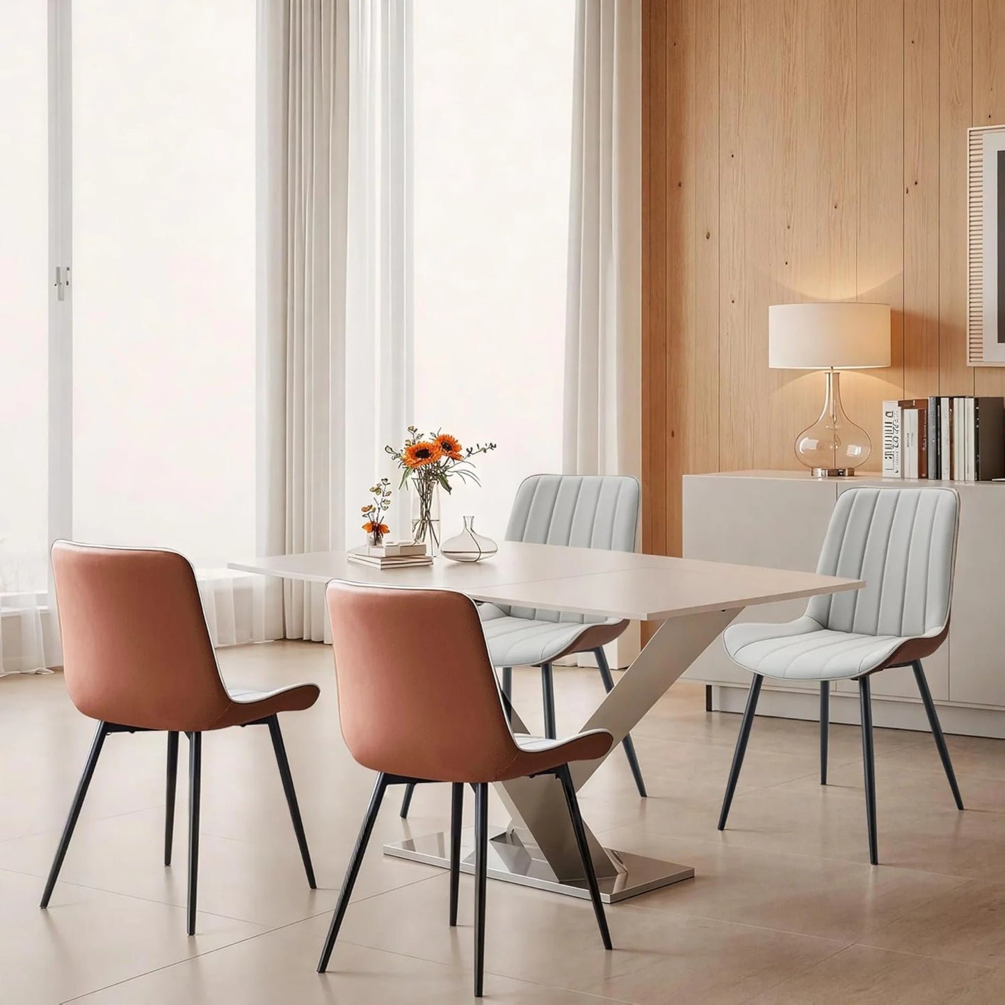 PU Leather Dining Chairs Set of 4, Modern Dining Kitchen Chairs with Cushion Seat Back   Metal Legs, Upholstered Chairs for Home Kitchen Restaurant Dining Living Room (Beige)