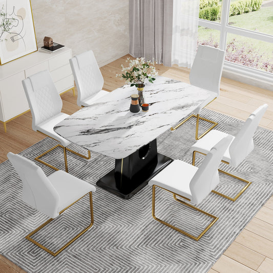 SUDICA 7 Piece Modern Dining Table Set, Faux Marble MDF Table, Stain Resistant White Chairs