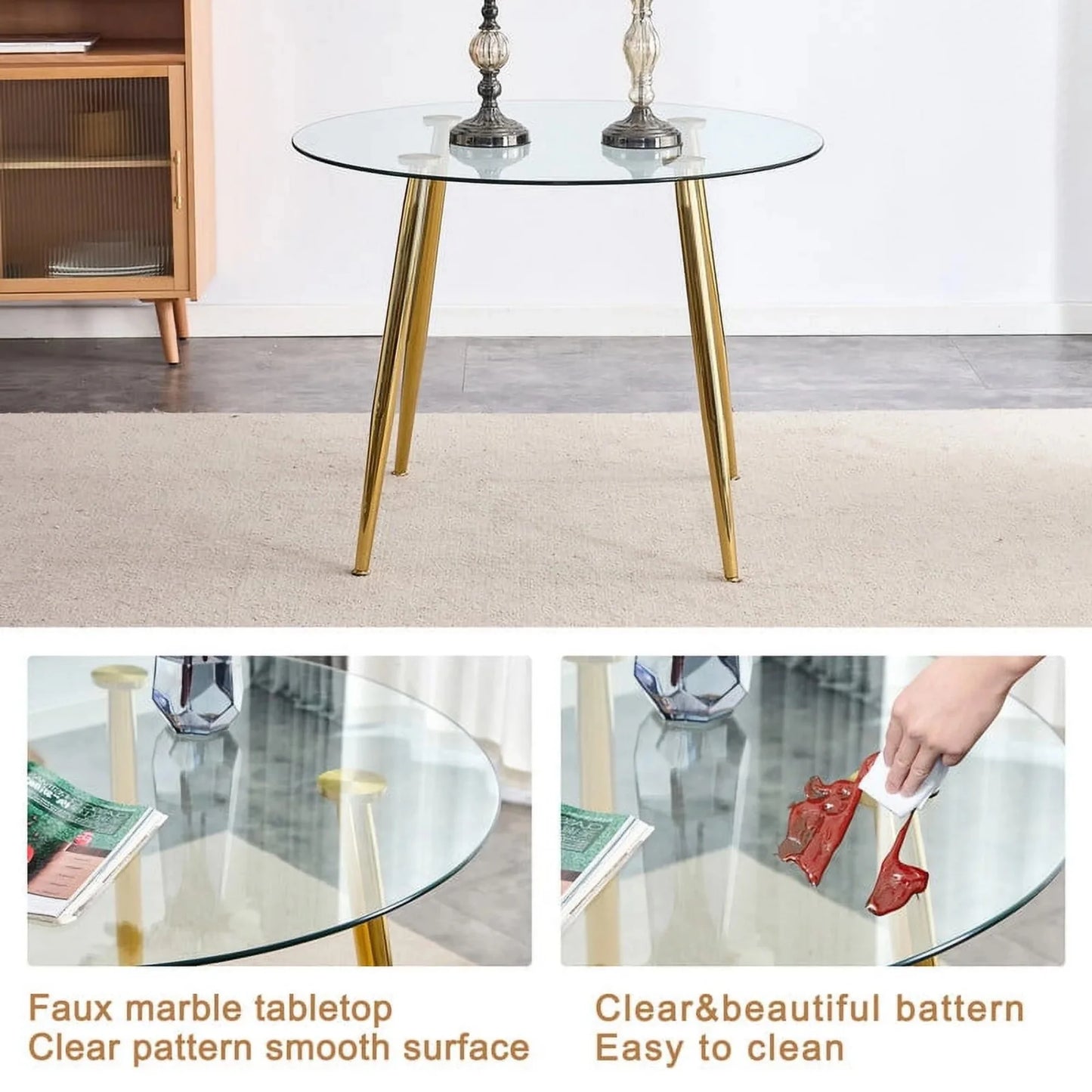 Sudica Round Dining Table Set for 2, 40in Tempered Glass & Grey PU Chairs, Gold Legs