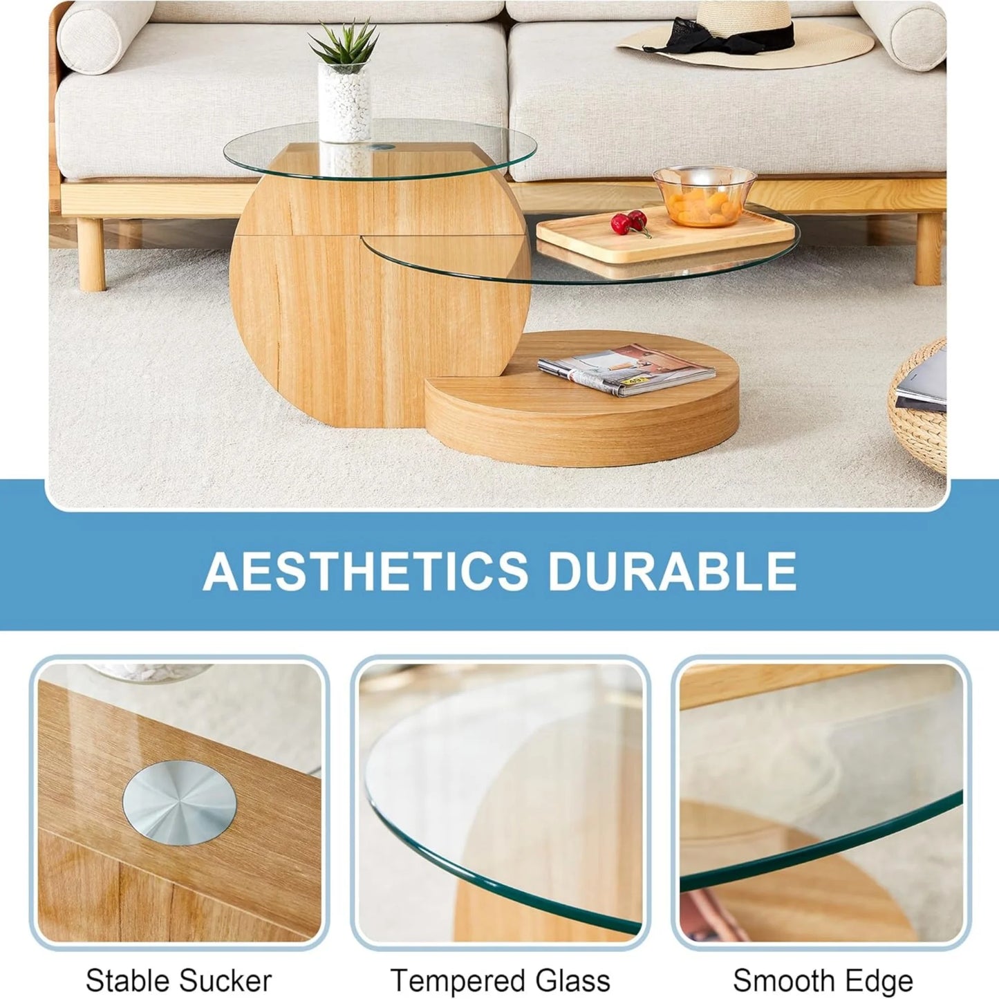 Sudica Modern Coffee Table with Double-layer Round Glass Tabletop 35.4" Tea Table with Light Wood Faux Marble Patterned Base,Center Table for Living Room