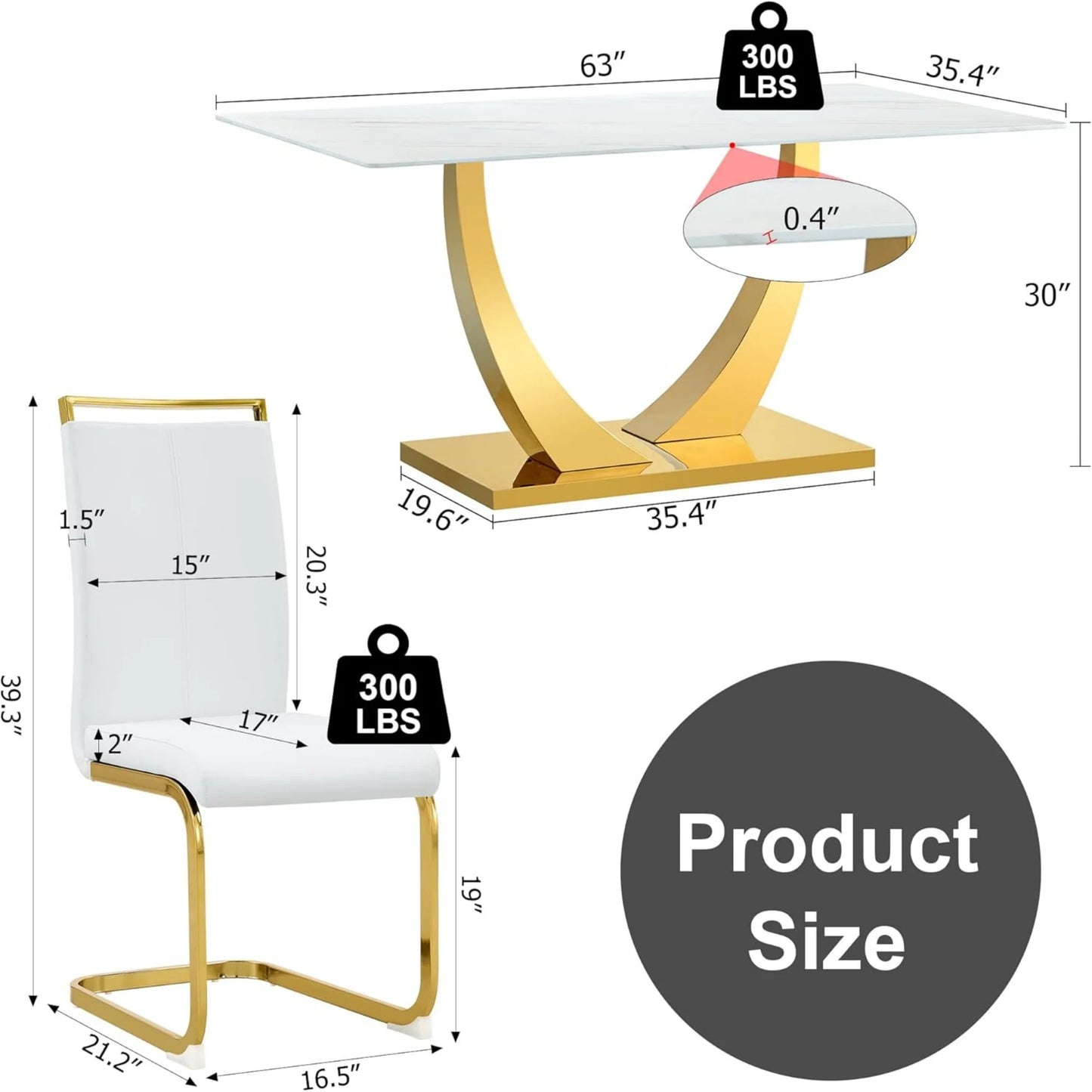 White and Gold Dining Table Set for 4, Faux Marble Dining Room Table Set for 4,63'' Rectangular Tempered Glass Top Kitchen Table Set and 4 Chairs for Dining Room Kitchen