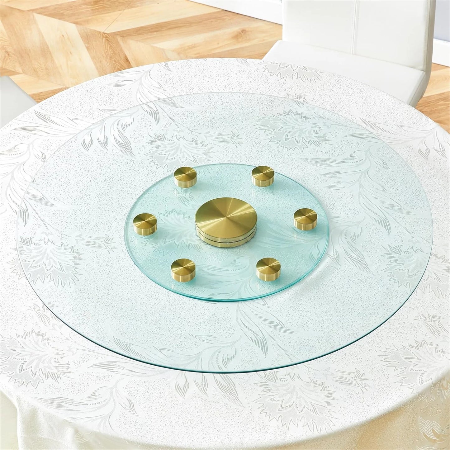 SUDICA 30.3" Transparent Tempered Glass Lazy Susan with Gold Base, Extra Large Rotating Round Dining Turntable