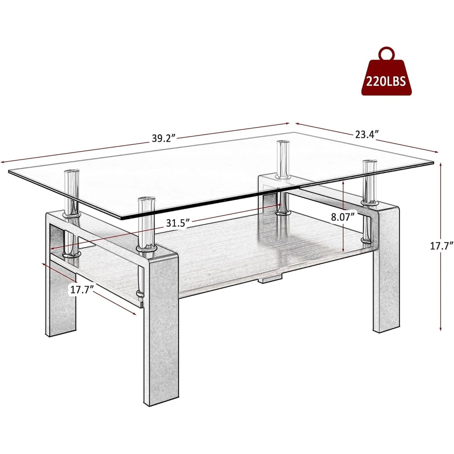 Glass Coffee Table Rectangle Living Room Center Table with Storage, Clear Tempered Glass Tabletop and Smoke Grey Leg,for Living Room and Office (Clear Smoke),Gray brown