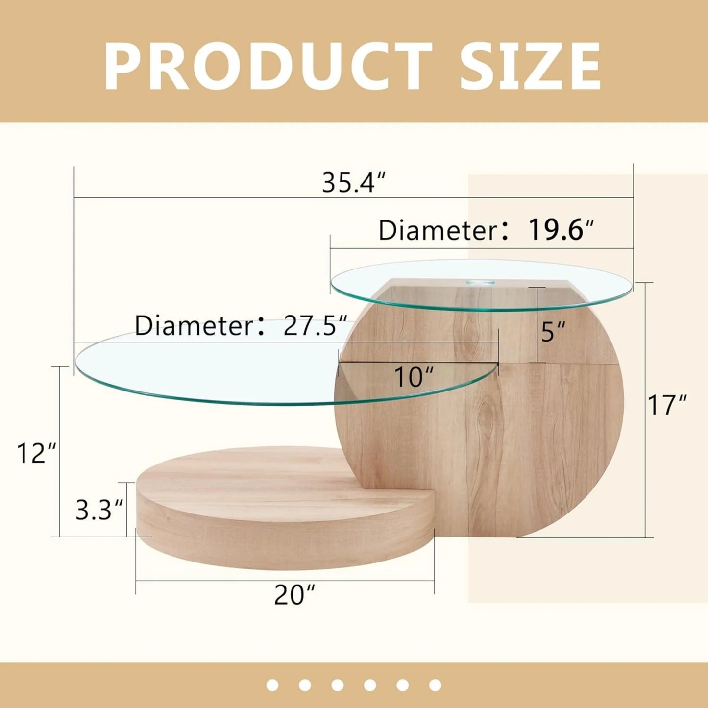 Sudica Modern Coffee Table with Double-layer Round Glass Tabletop 35.4" Tea Table with Wood Faux Marble Patterned Base,Center Table for Living Room
