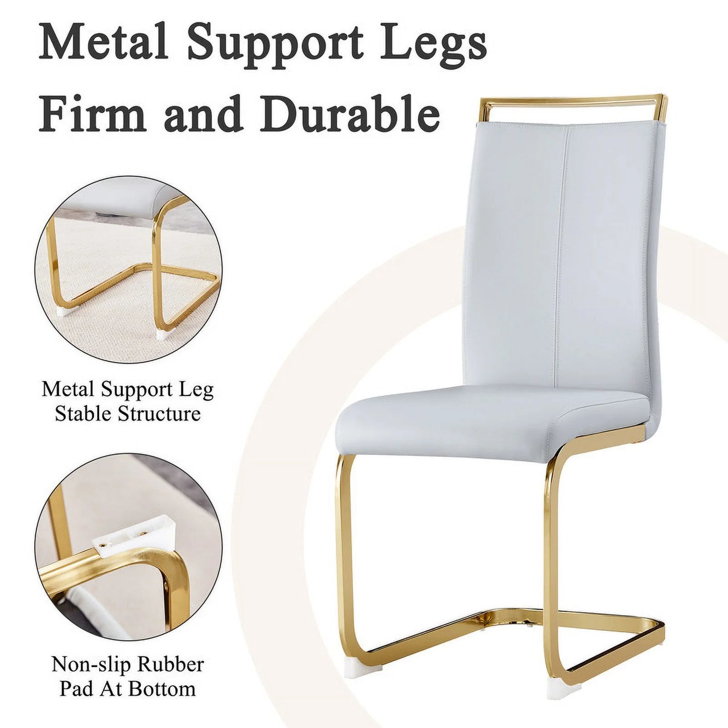 Round Dining Table Set for 4, Sudica 40in Tempered Glass & Light Grey PU Chairs, Gold Legs