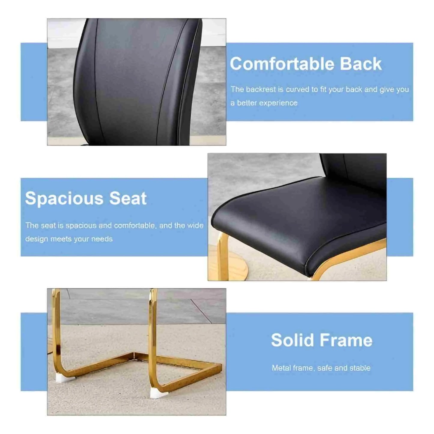 SUDICA Dining Room Chairs, Black Faux Leather High Back, Gold Metal Legs, Set of 2