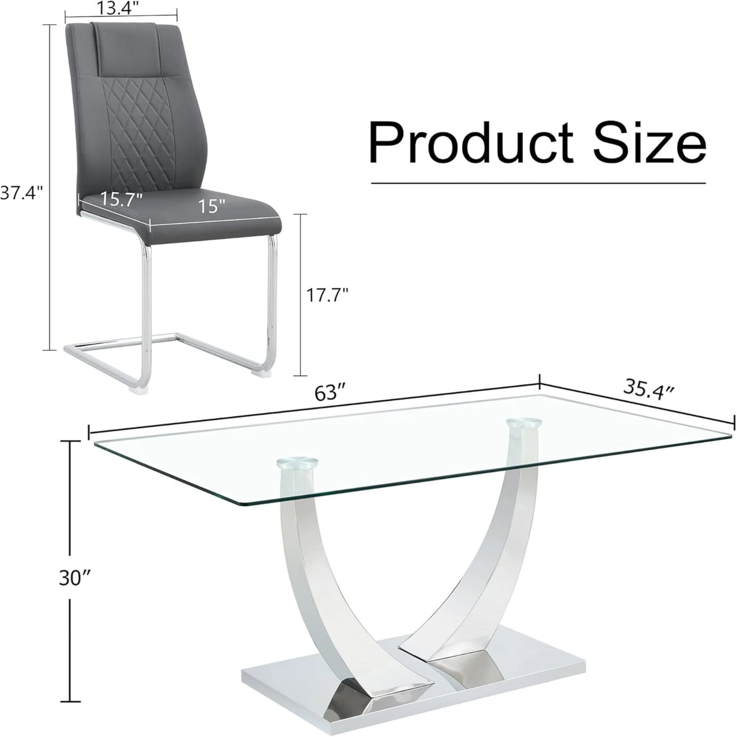 Silver Dining Table Set for 4,5PCS Glass Dining Room Table Set for 4, 63'' Rectangular Tempered Glass Top Kitchen Table Set and 4 Chairs for Dining Room Kitchen
