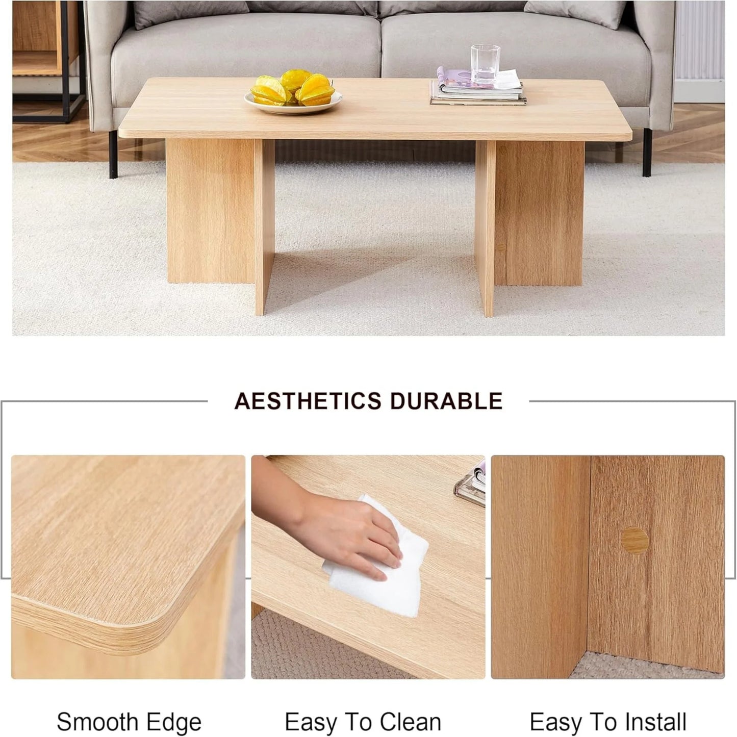 Sudica 44.8” Natural Wood Color Rectangle MDF Coffee Table,Wood Coffee Table with Stable Triangular Support for Living Room/Bedroom