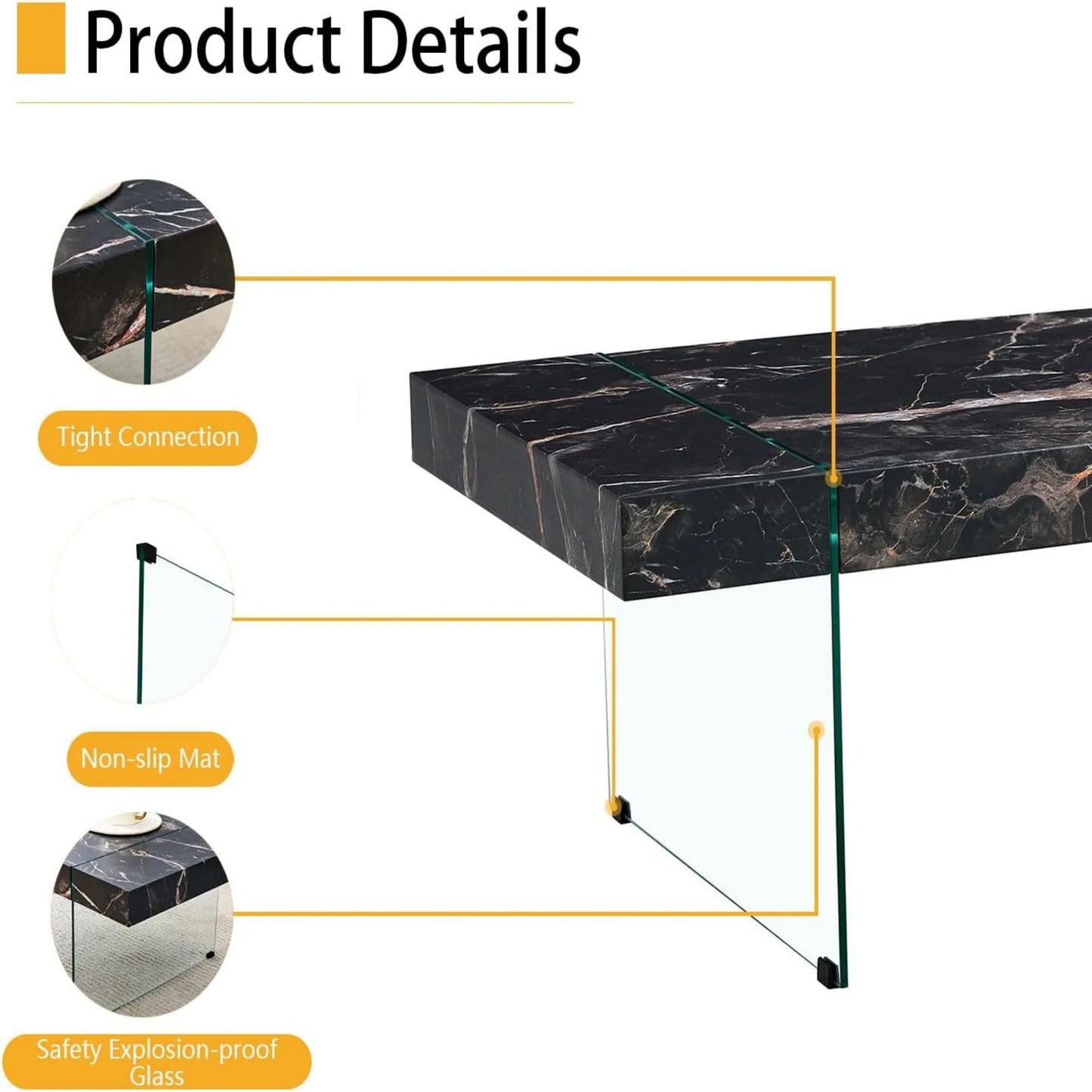 Sudica Black Marble Pattern MDF Coffee Table with Tempered Glass Legs for Living Room. Can Be Used As Coffee and Side Tables/Display Stand.(43.3"X23.6")