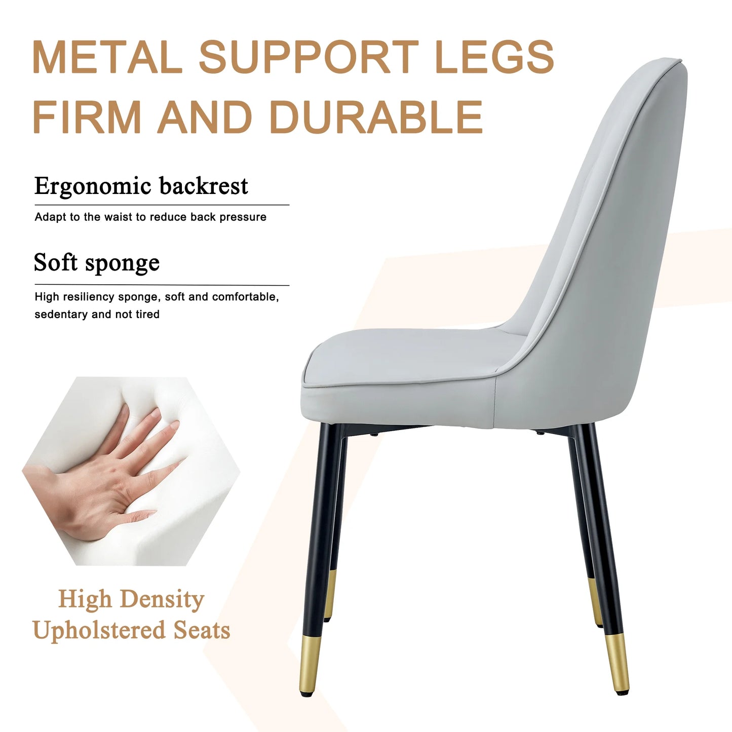 SUDICA Modern Upholstered Dining Chairs Set of 2, Light Gray PU Leather Seats with Black and Gold Metal Legs for Kitchen and Dining Room