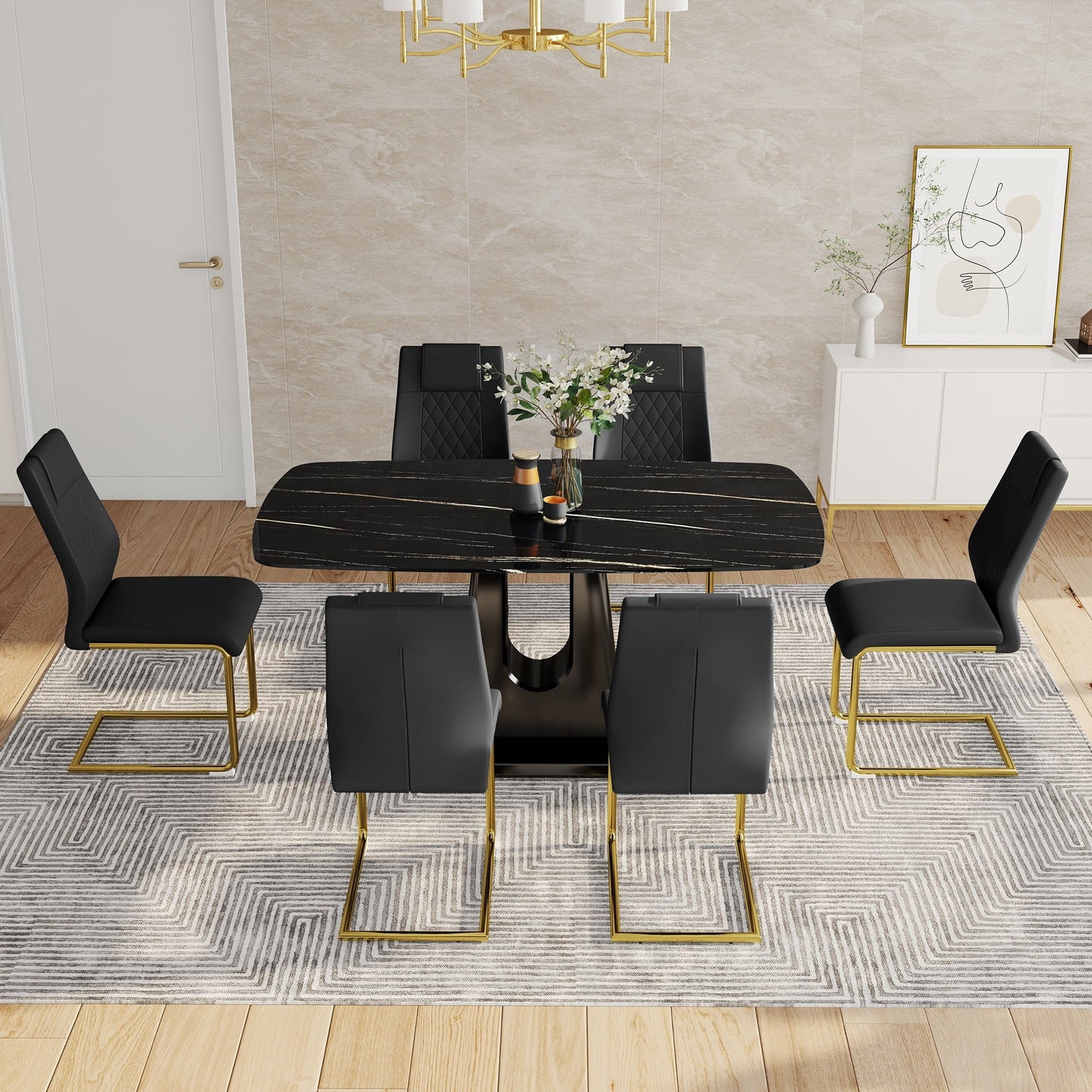 SUDICA 63" Modern Faux Marble Dining Table Set with 4 PU Leather Chairs, Gold Metal Legs, Scratch Resistant, Easy Clean Dining Set for Kitchen, Home, Apartment