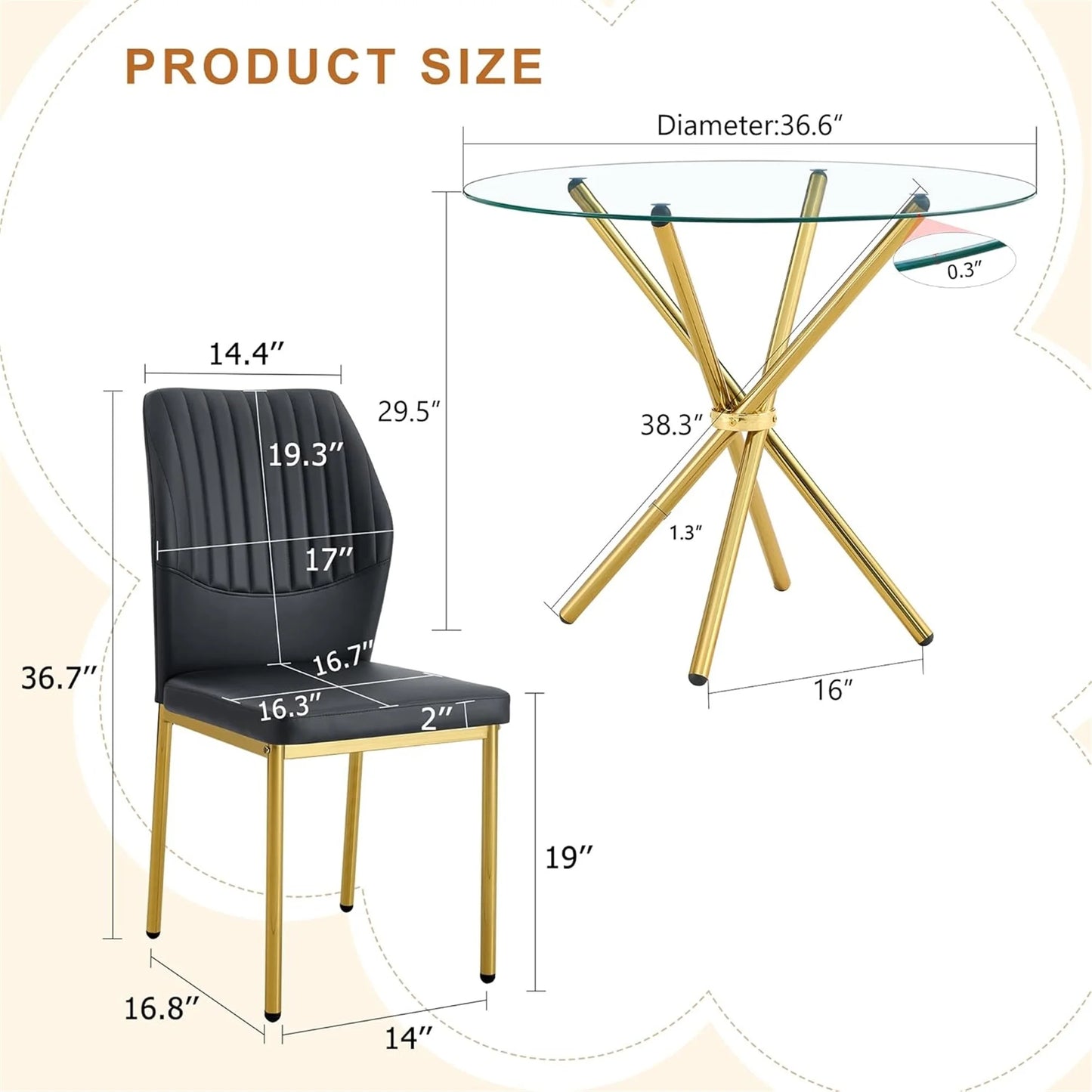 36" Glass Dining Table Set for 4, 5-Piece Round Kitchen Table with Ring-Shaped Metal Legs and 4 Upholstered Chairs, Glass Kitchen Table and Chairs Set (Black-Gold)