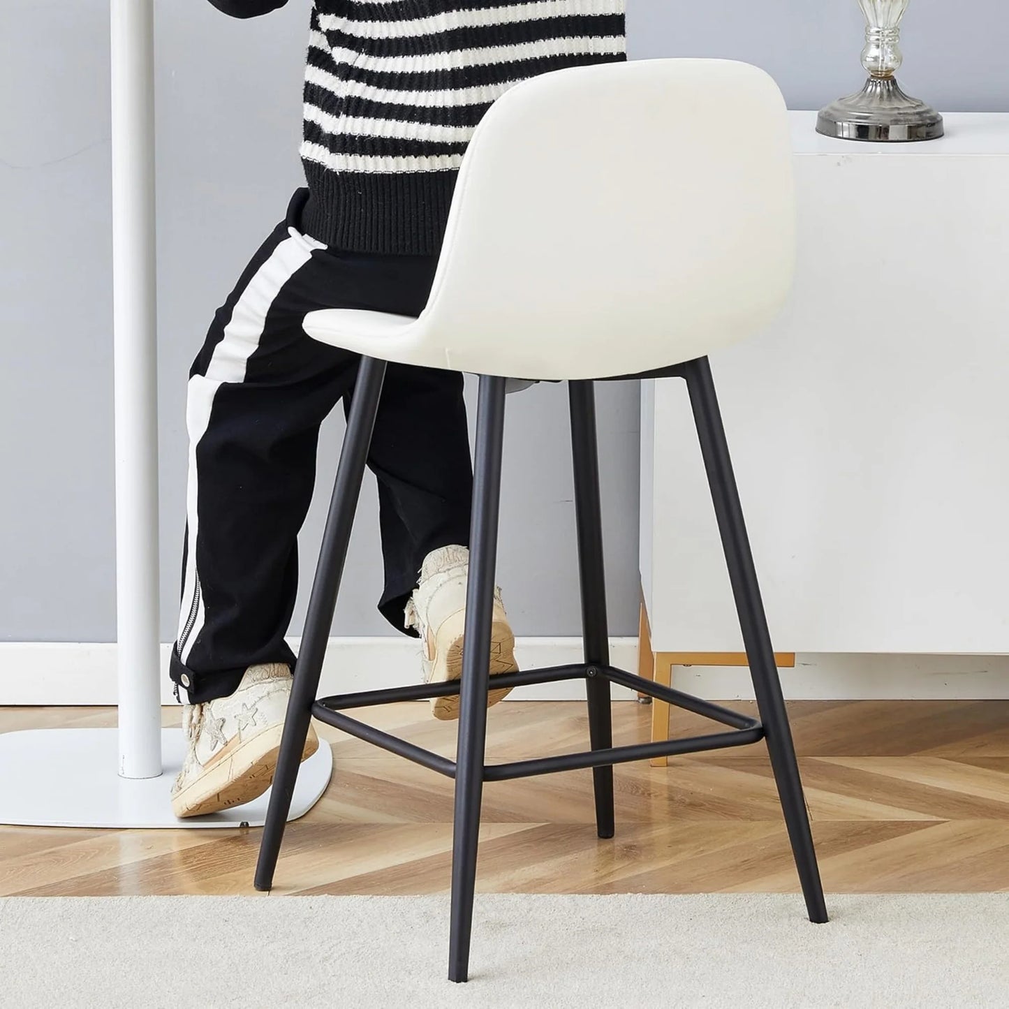 Bar stools Set of 2, Faux PU Leather Counter Height Bar Stools, Dining Room Chairs with Metal Legs & Soft Backrest, Easy to Assemble(White)