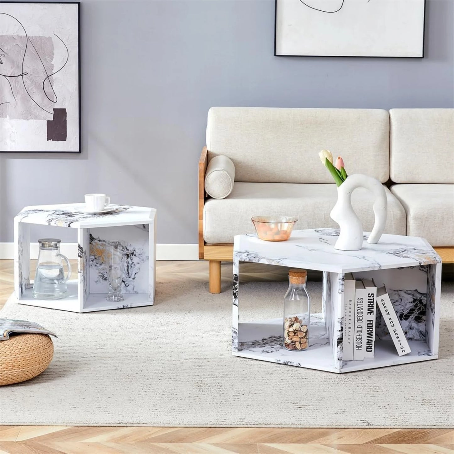 Faux Marble Coffee Table with Storage, Geometric Living Room Table