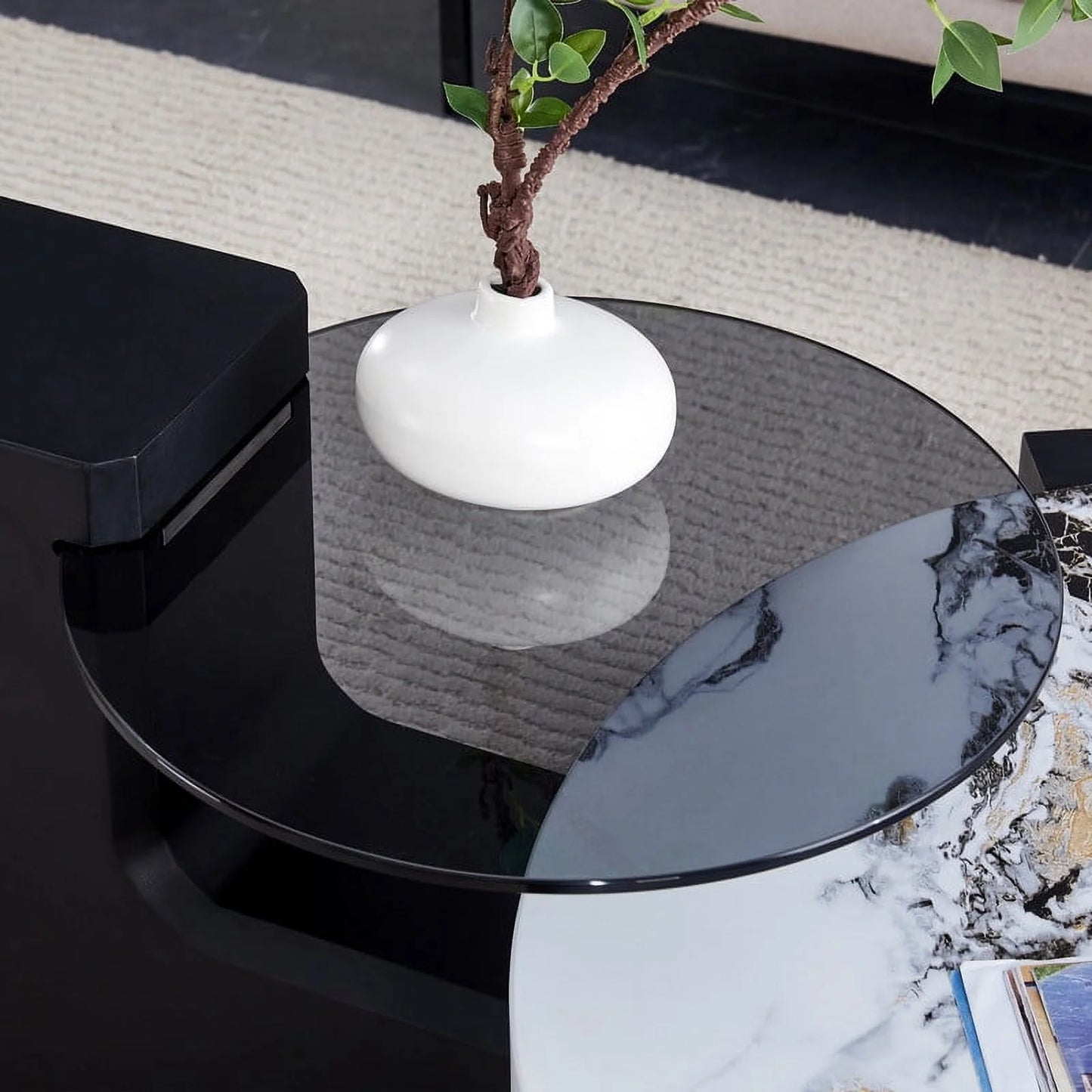 Sudica Detachable Double-decker Coffee Table,30" Round Tea Table with White Faux Marble Tabletop,Center Table for Living Room