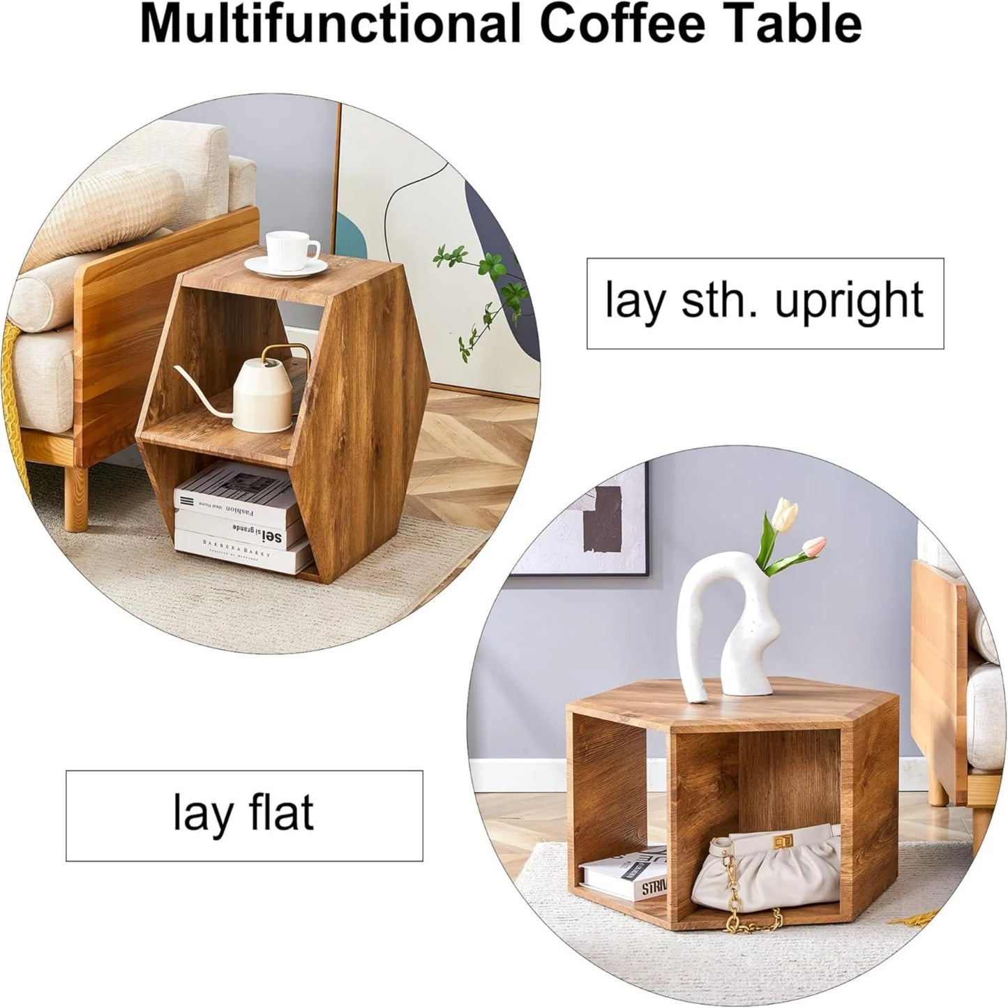 SUDICA Hexagon Wood Coffee Table, Dual-Use Storage Accent Table for Living Room or Corner