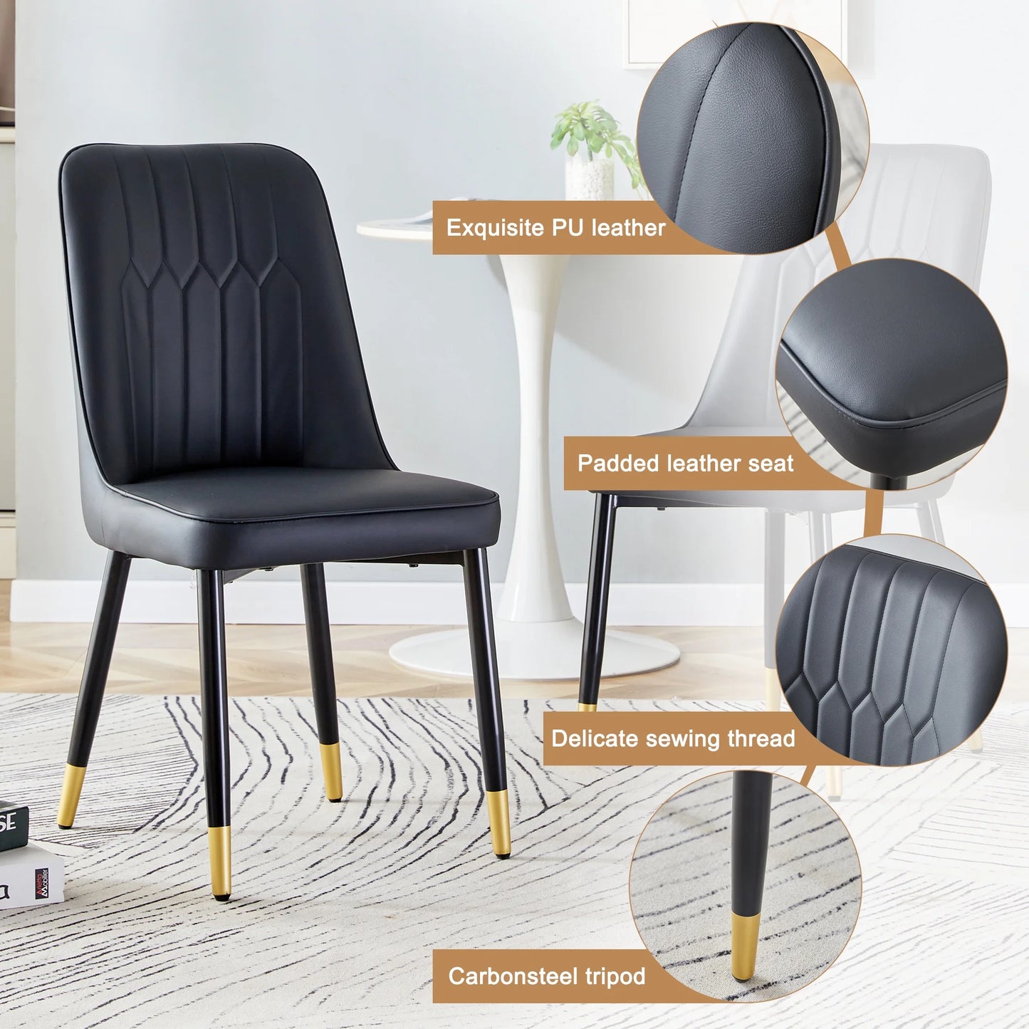 Sudica Modern Dining Chairs Set of 6, Upholstered Kitchen PU Leather Metal Legs Chairs for Dining Room,Black