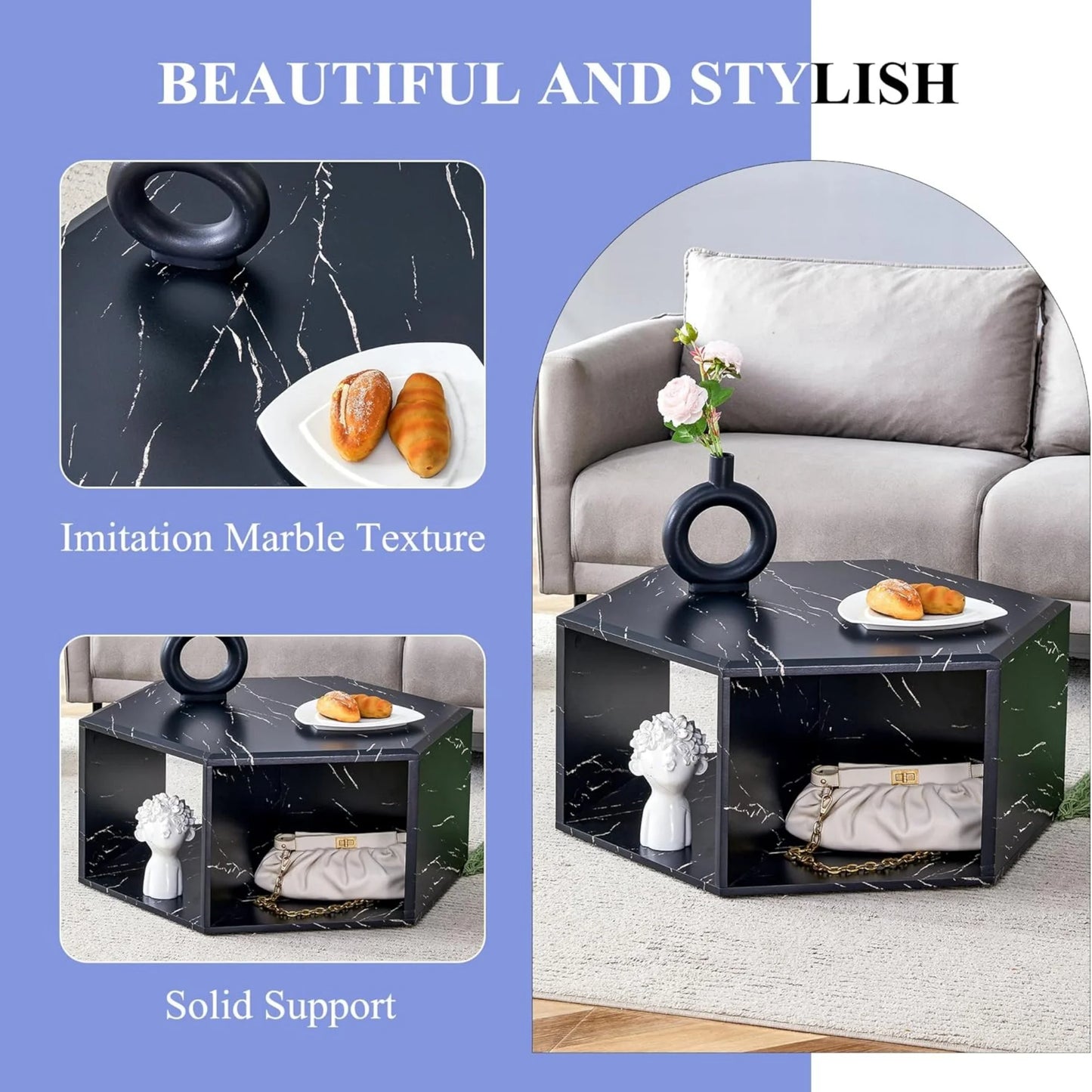 Faux Marble Coffee Table with Storage, Geometric Living Room Table