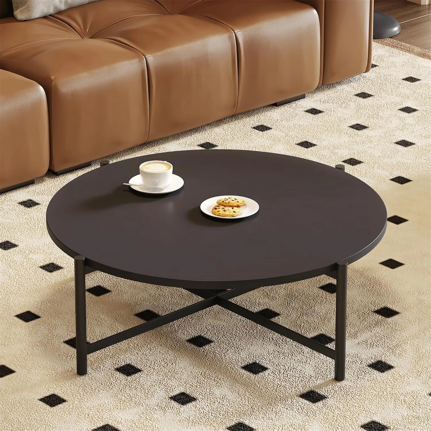 35.43" Round Table Top Wood - Walnut & Black Double Sided, Outdoor Dining Replacement for Restaurants, Cafes, Bars