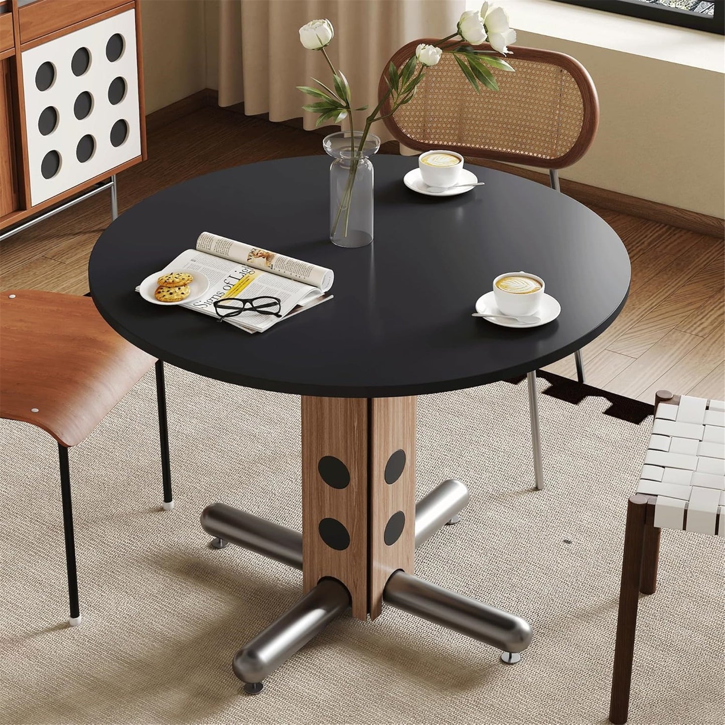 39.76" Round Table Top Wood - Walnut & Black Double Sided, Outdoor Dining Replacement for Restaurants, Cafes, Bars