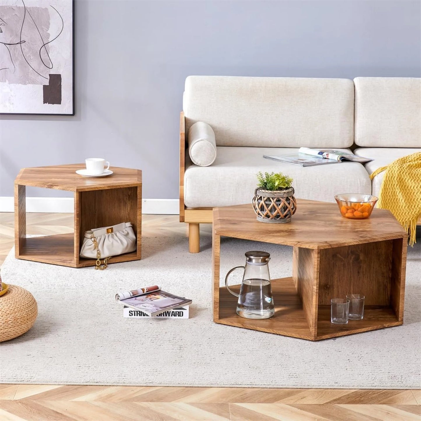 Faux Marble Coffee Table with Storage, Geometric Living Room Table