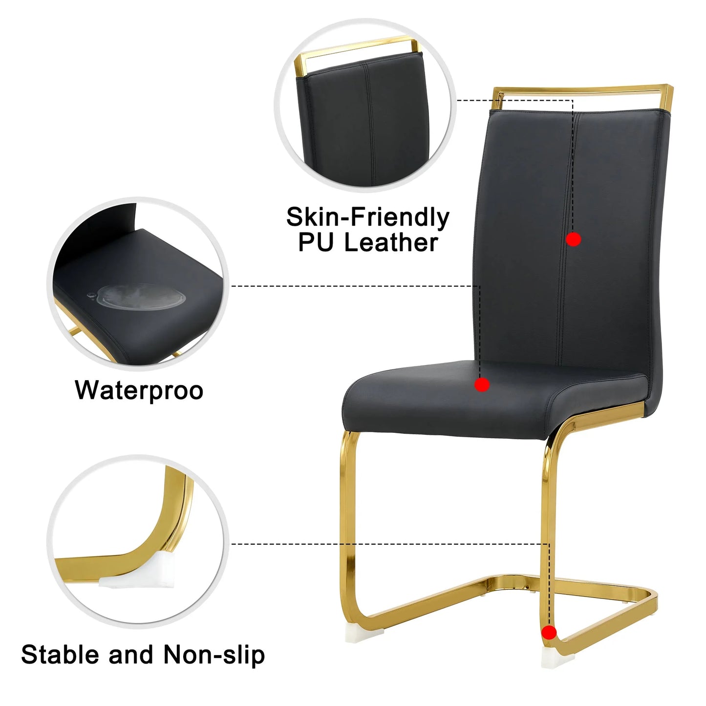 SUDICA 7 Piece Black Glass Dinner Table Set with 6 Faux Leather Chairs, Gold Base, 63"