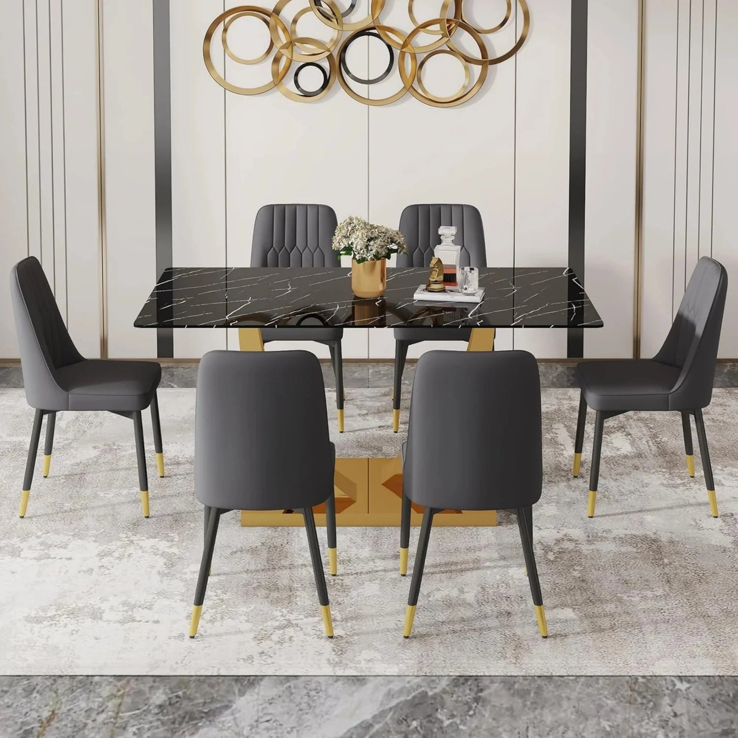 SUDICA 63" Glass Dining Table Set with 6 PU Leather Chairs, Gold Base, Modern Dining Room