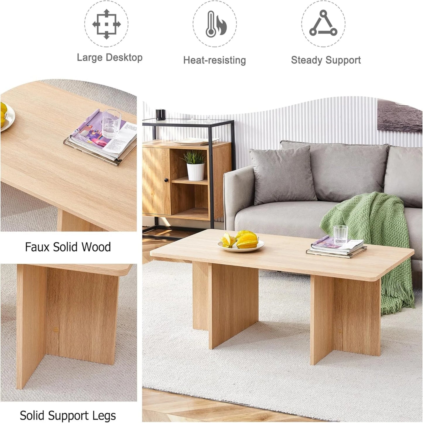Sudica 44.8” Natural Wood Color Rectangle MDF Coffee Table,Wood Coffee Table with Stable Triangular Support for Living Room/Bedroom