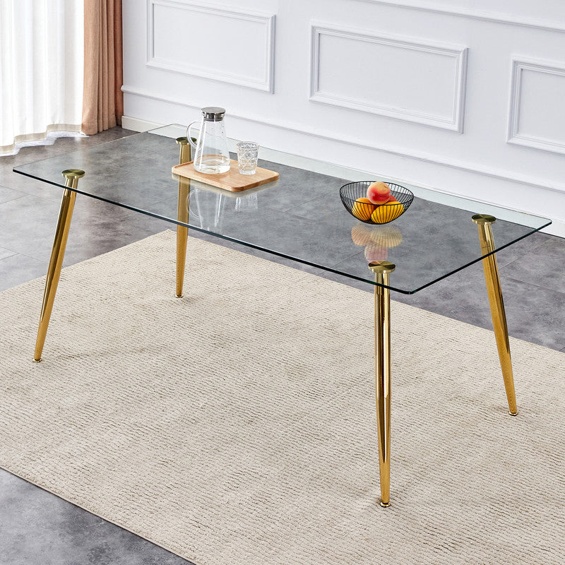 Tempered Glass Dining Table for 6, Sudica 71 inch Modern Rectangular Glass Kitchen Table with 4 Silver Plating Metal Legs
