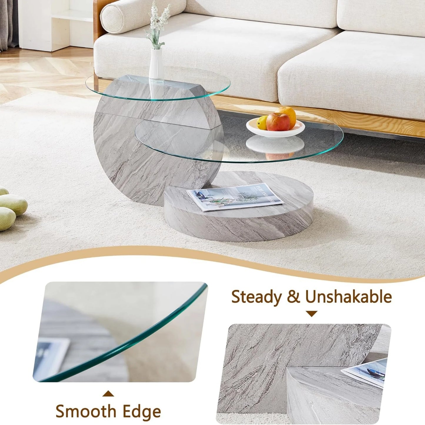 Sudica Modern Double-Layer Round Glass Coffee Table, 35.4" Center Table with Light Grey Faux Marble Base, Tempered Glass Top for Living Room