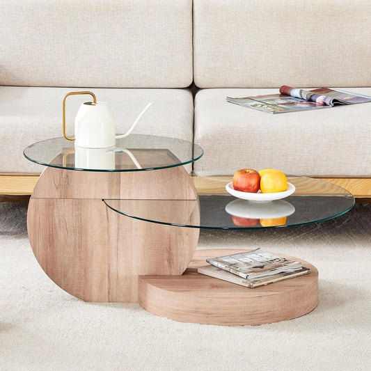 Sudica Modern Coffee Table with Double-layer Round Glass Tabletop 35.4" Tea Table with Wood Faux Marble Patterned Base,Center Table for Living Room