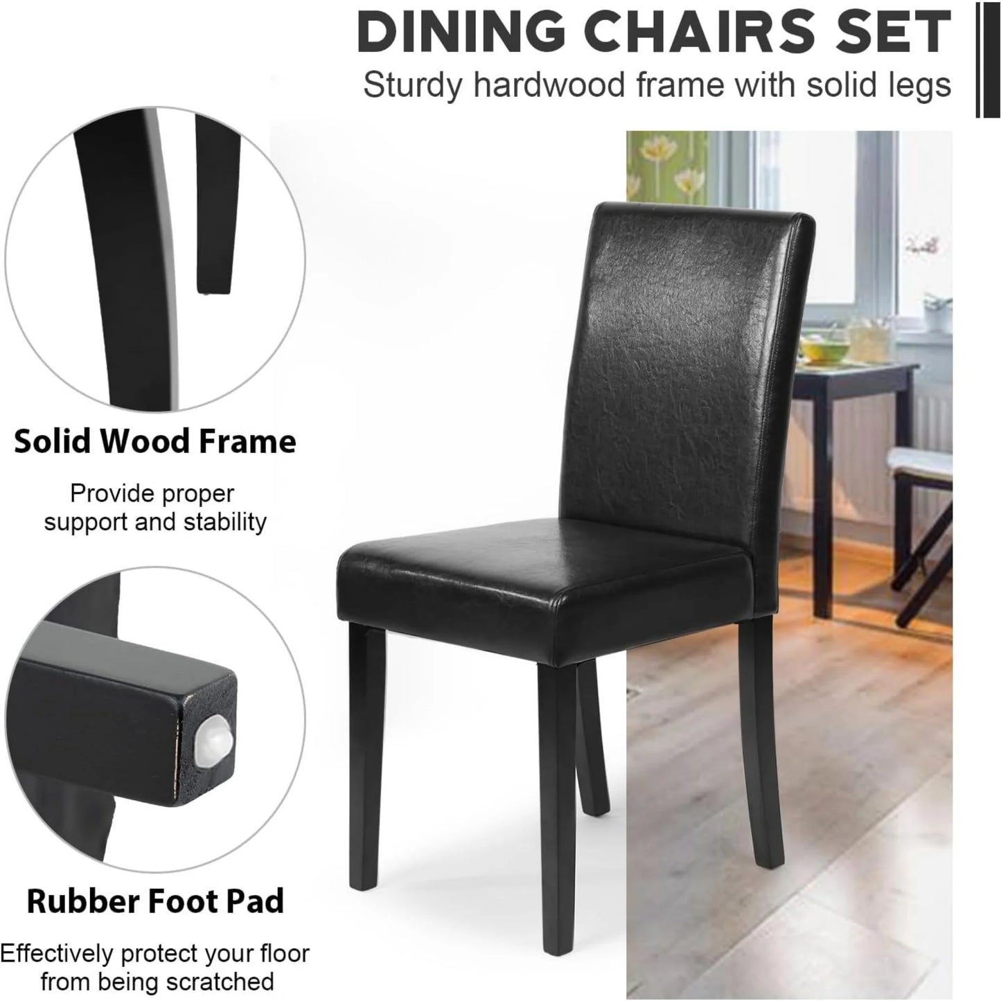 SUDICA Black Faux Leather Parsons Chairs Set of 4, Metal Legs for Kitchen or Dining Room