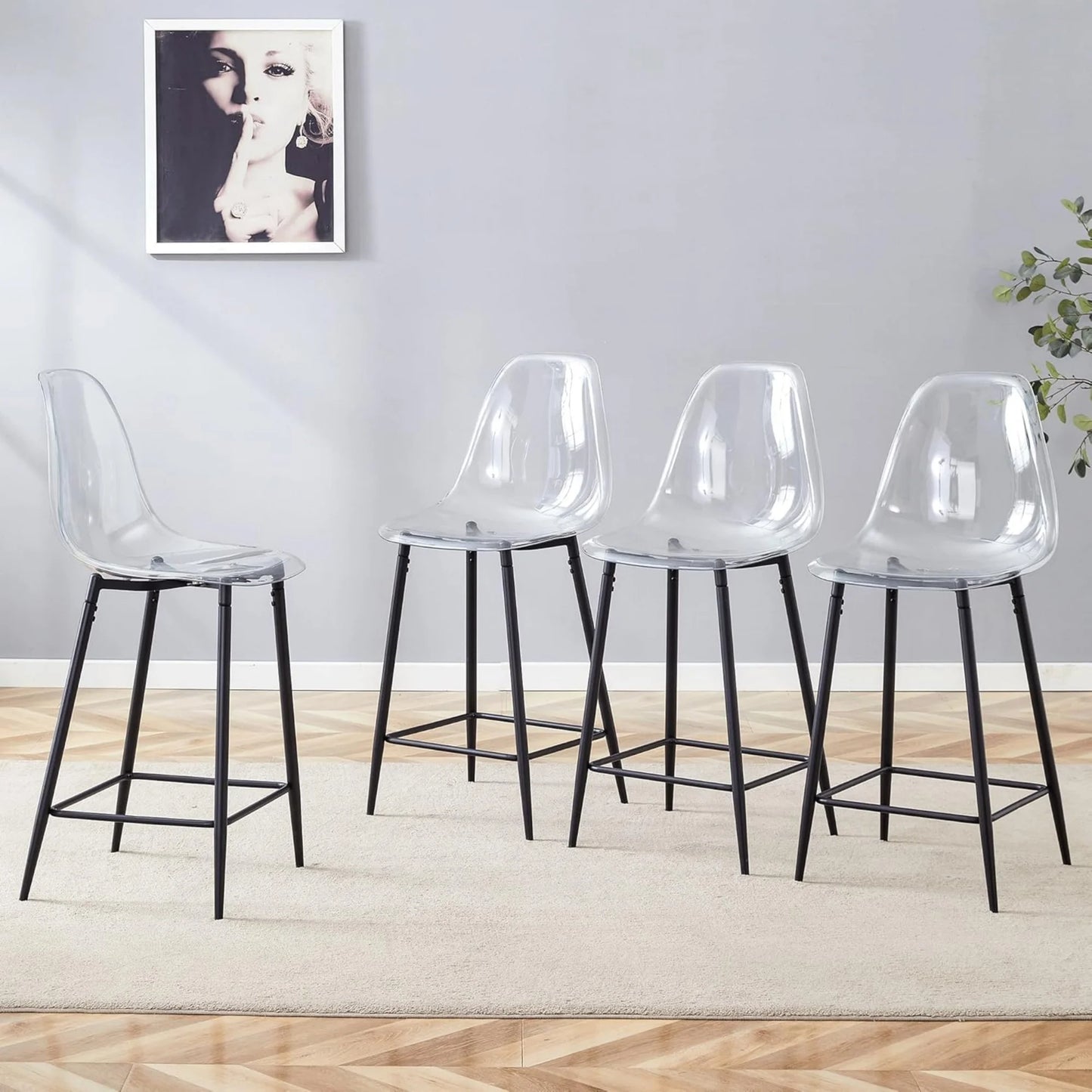 SUDICA Indoor Counter Height Bar Stool Set of 4, Transparent Plastic Seats, Black Legs