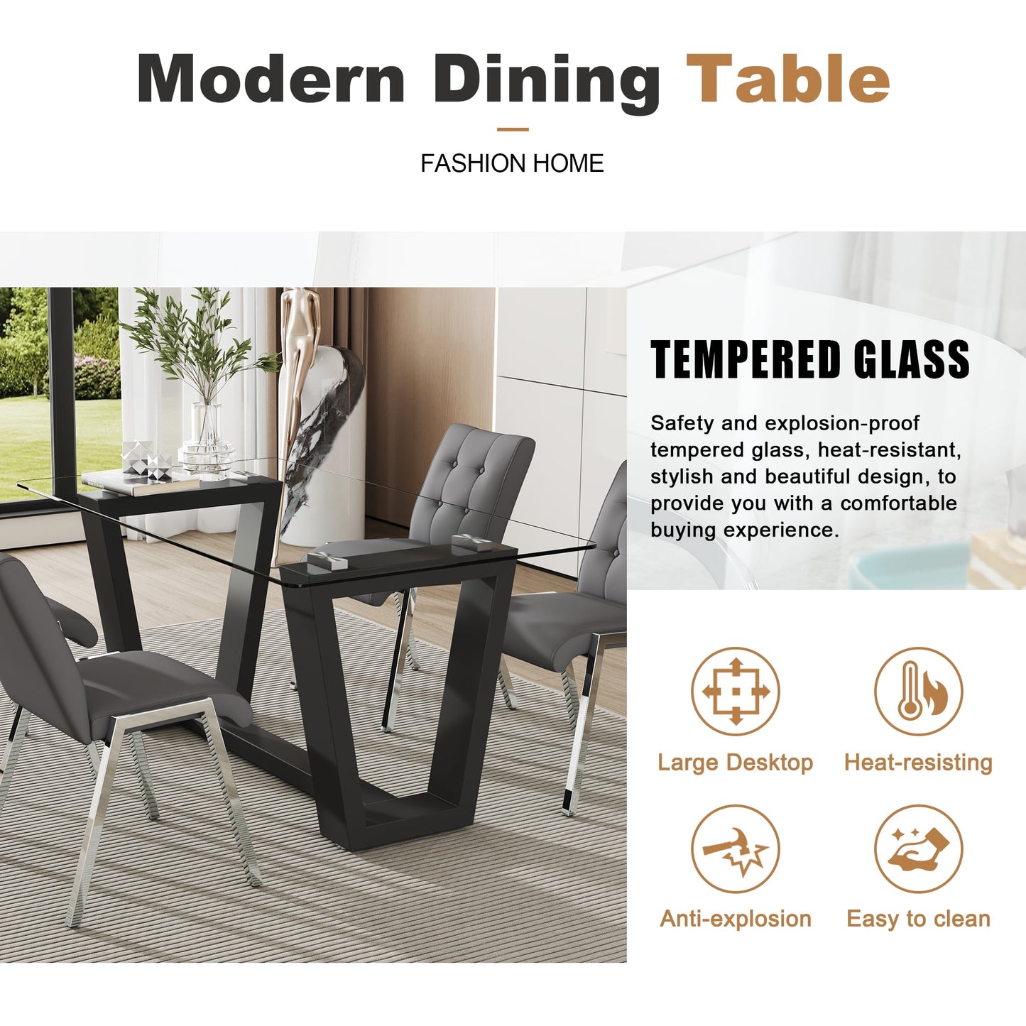 63" Glass Dining Table Set for 4, Sudica Black Legs Kitchen Table Set with Upholstered Faux Leather Dining Room Chairs, Gray