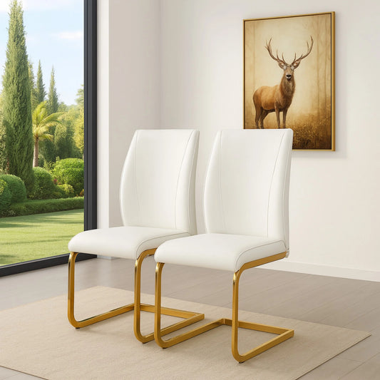 SUDICA Dining Room Chairs, White Faux Leather High Back, Gold Metal Legs, Set of 2