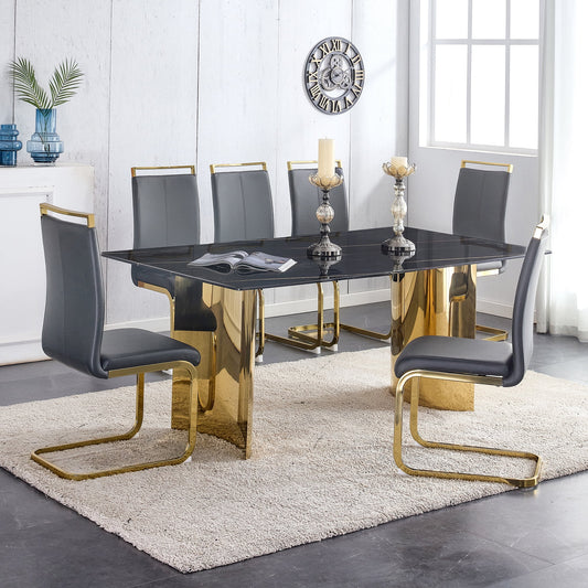 Sudica 7 Pcs Dining Table Set£¬71" Faux Marble Black Rectangular Dining Table and Upholstered PU Leather Dining Room Chairs for Kitchen,Gray