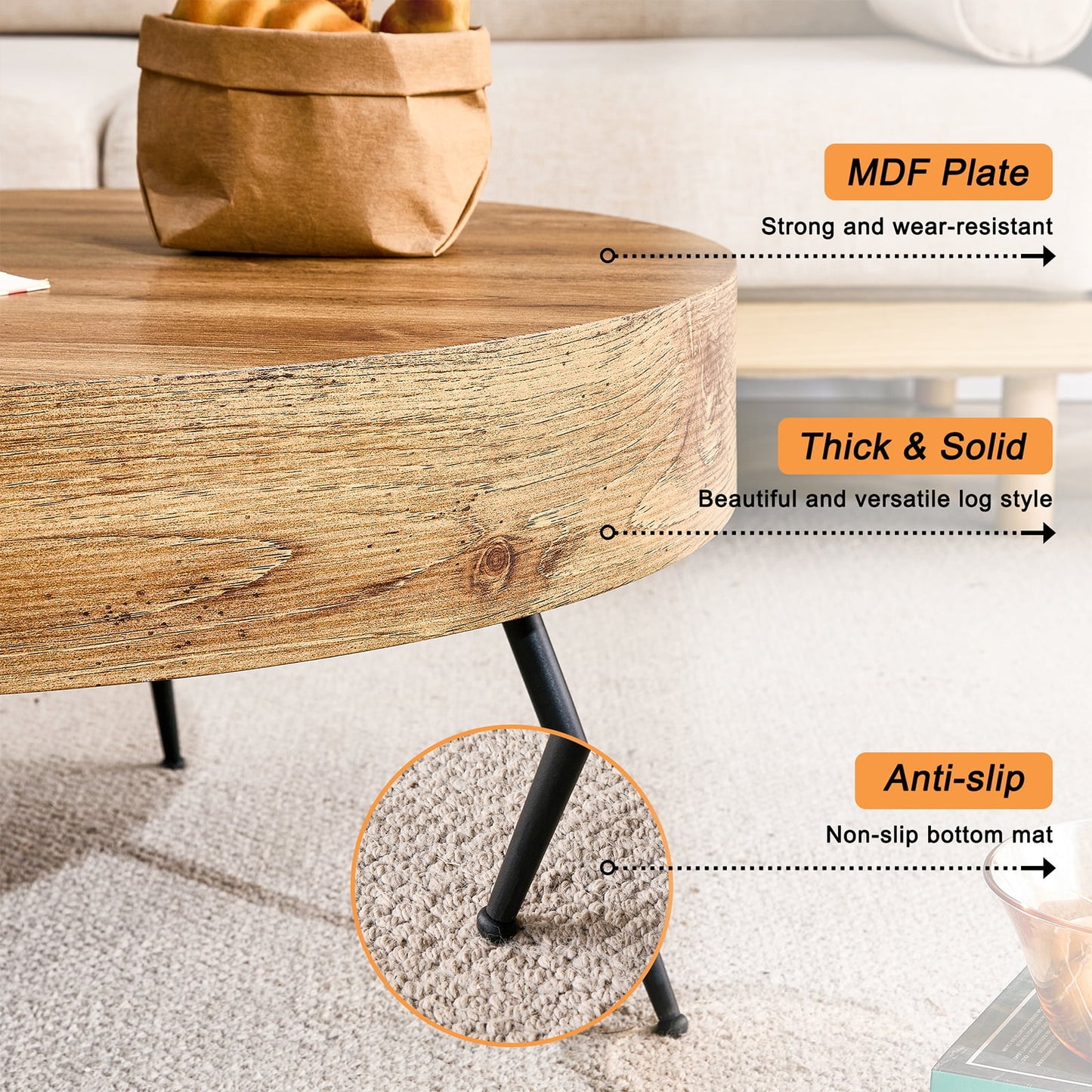 Sudica Coffee Table Wooden Round Modern Coffe Table with Black Legs for Living Room, 31.5 Inch