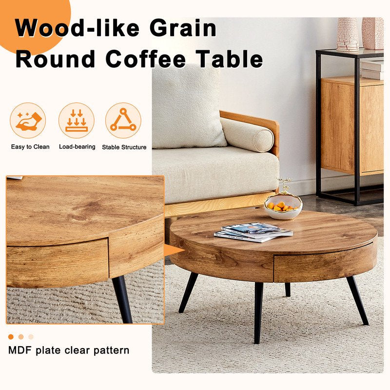 Sudica Coffee Table with added drawers, 31.5"Wooden Round Modern Coffe Table with Black Legs for Living Room,tea room.