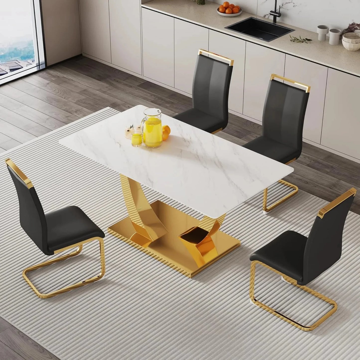 White and Gold Dining Table Set for 4, Faux Marble Dining Room Table Set for 4,63'' Rectangular Tempered Glass Top Kitchen Table Set and 4 Chairs for Dining Room Kitchen