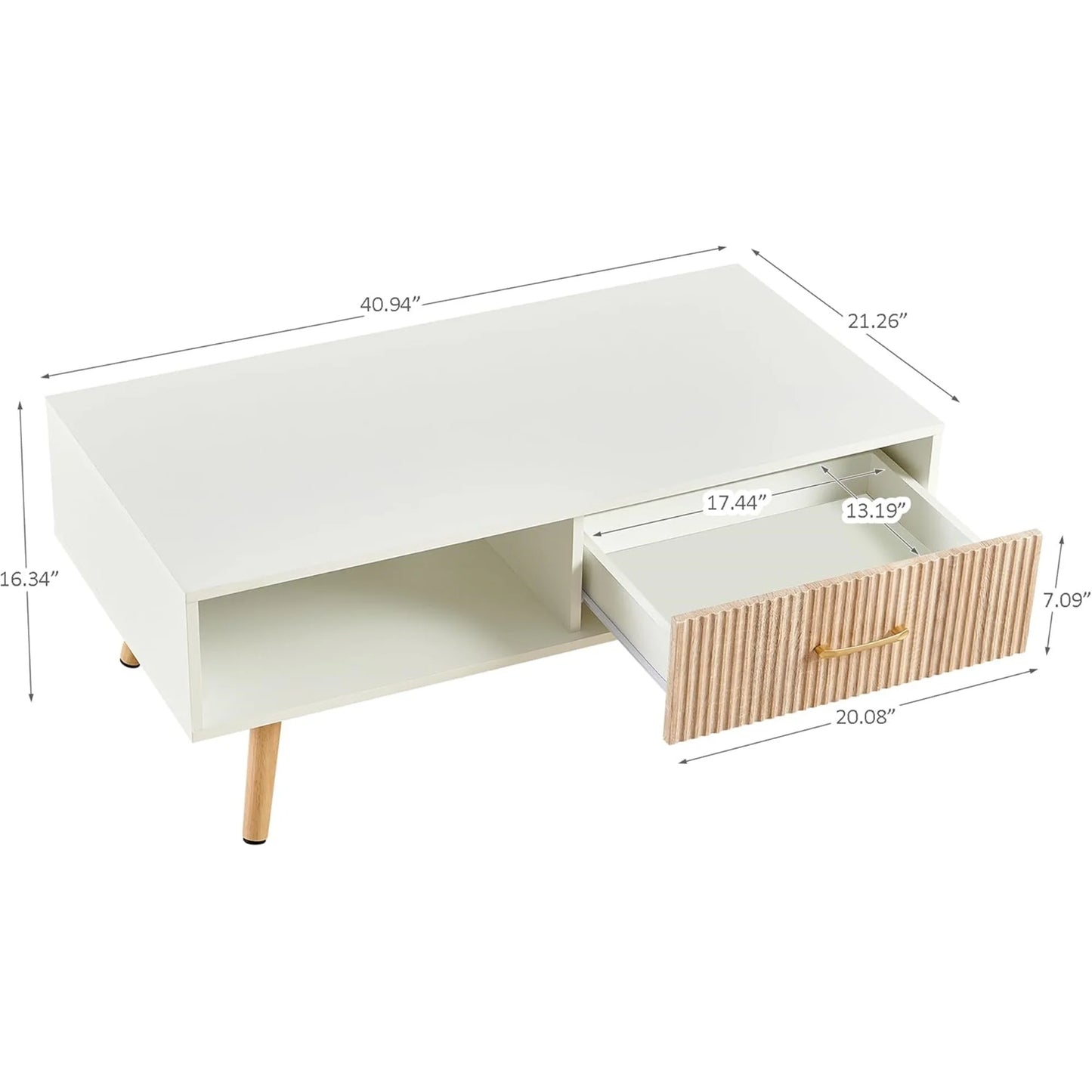 Mid Century Wooden Coffee Table with Stripe Drawer，Modern 41" Large Center Table with Storage，Rectangular White Coffee Tables for Living Room, 2-Tier Cocktail Table, Solid Wood Legs