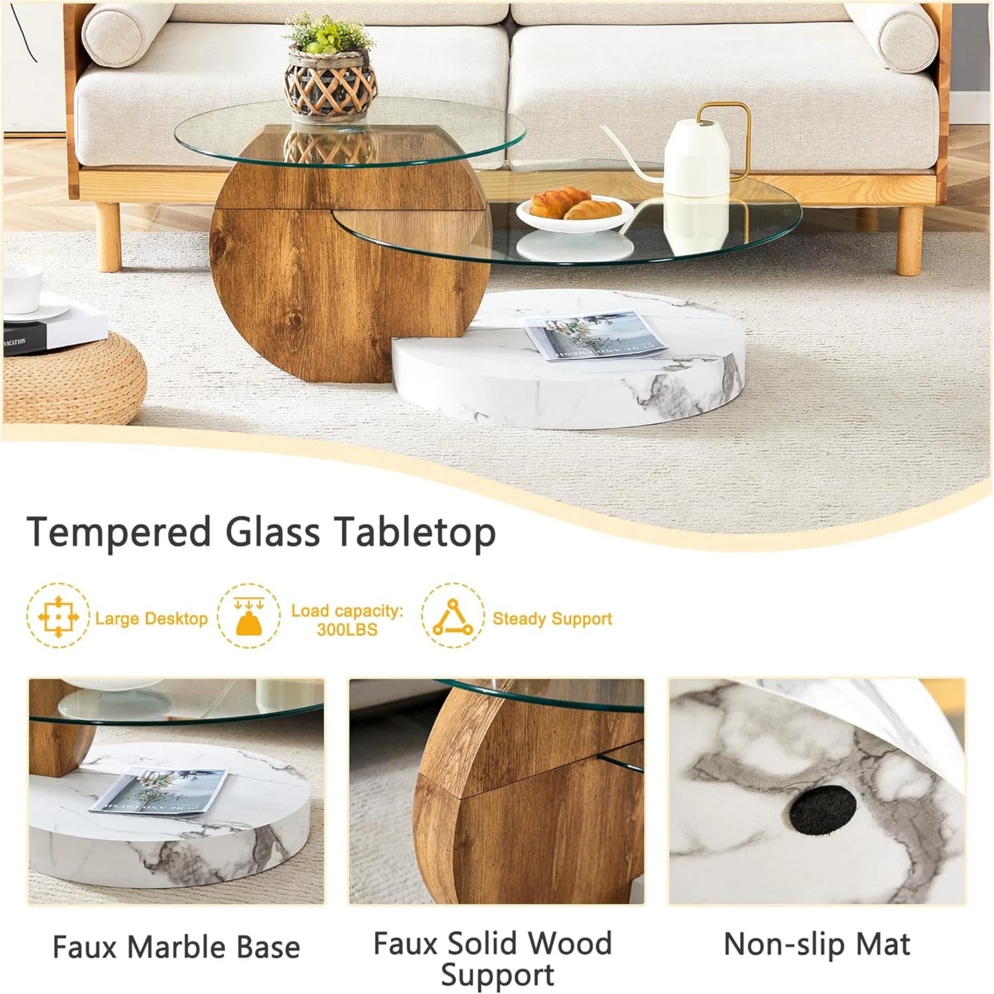Sudica Modern Round Glass Coffee Table with Dark Wood and White Marble Base
