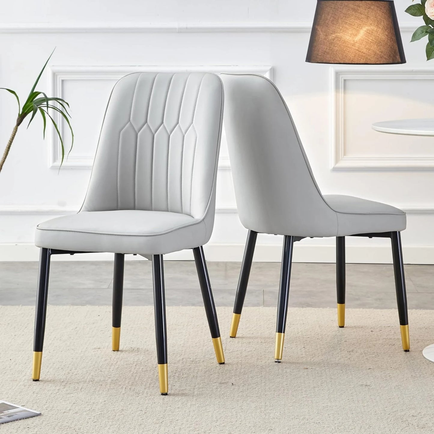 SUDICA 7 Piece Black and Gold Dining Set, Glass Table with Grey PU Chairs for Kitchen