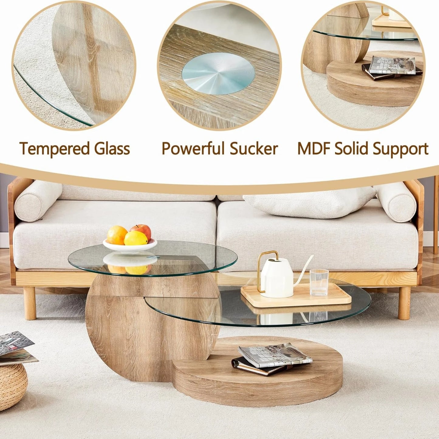 Sudica Modern Coffee Table with Double-layer Round Glass Tabletop 35.4" Tea Table with Natural Wood Faux Marble Patterned Base,Center Table for Living Room