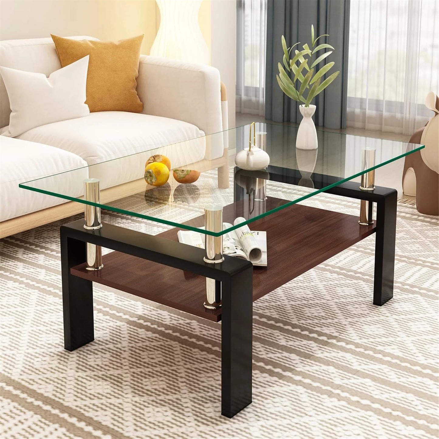 Glass Coffee Table Rectangle Living Room Center Table with Storage, Clear Tempered Glass Tabletop and Smoke Grey Leg,for Living Room and Office (Clear Smoke),Transparent Brown