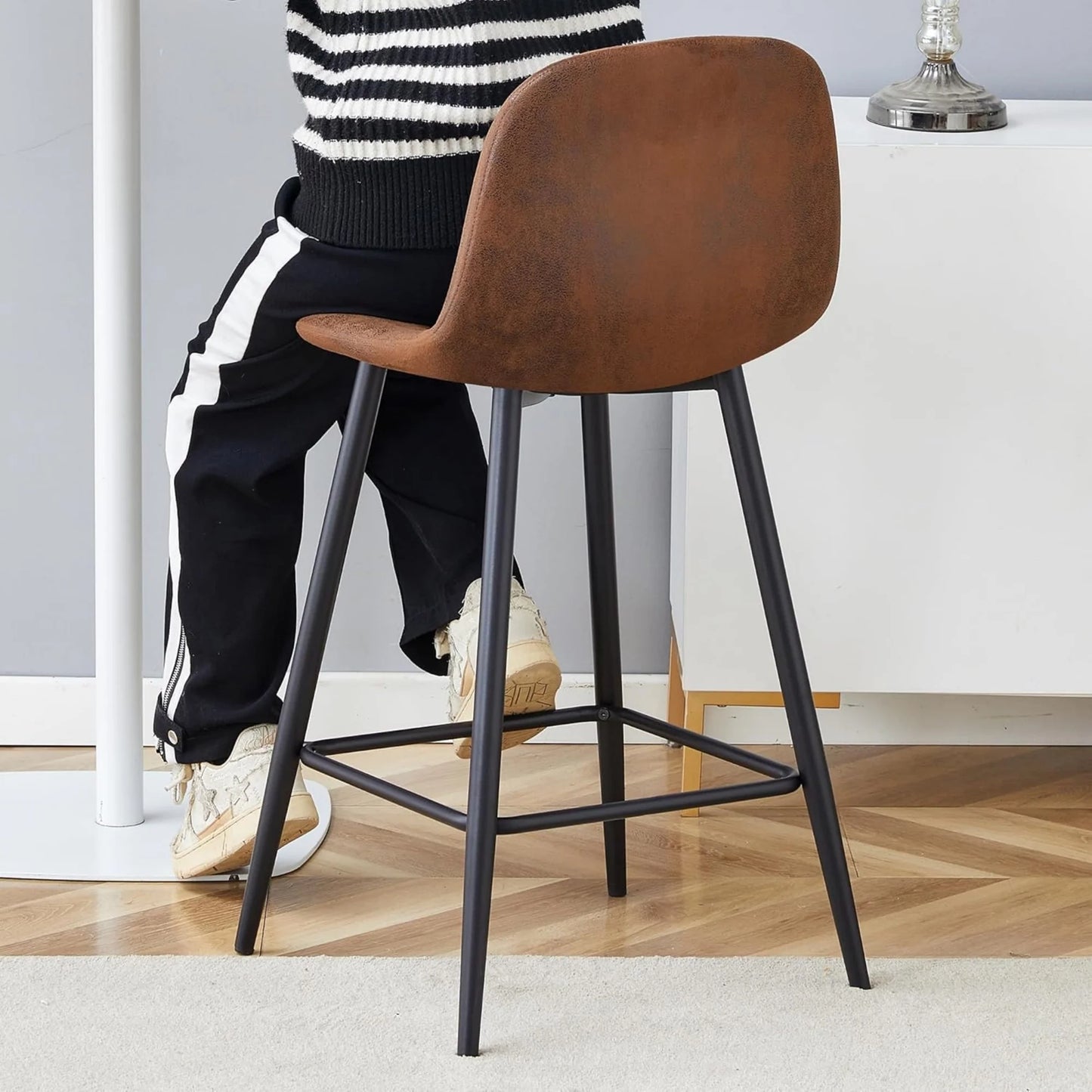 Bar stools Set of 2, Faux Suede Counter Height Bar Stools, Dining Room Chairs with Metal Legs & Soft Backrest, Easy to Assemble