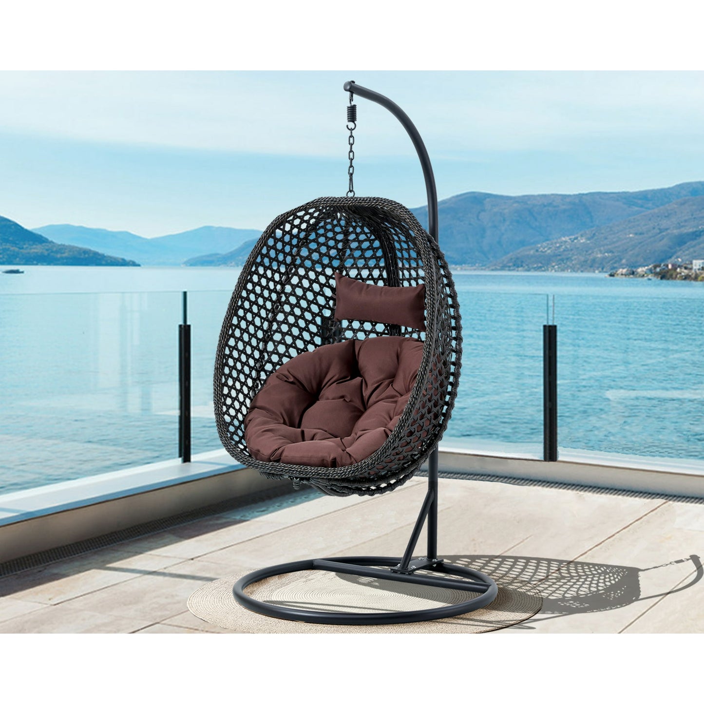 Sudica Hanging Egg Chair with Stand Patio Soft Cushion Rattan Wicker Egg Swing Chair for Bedroom, Garden 350lbs Capacity, Black