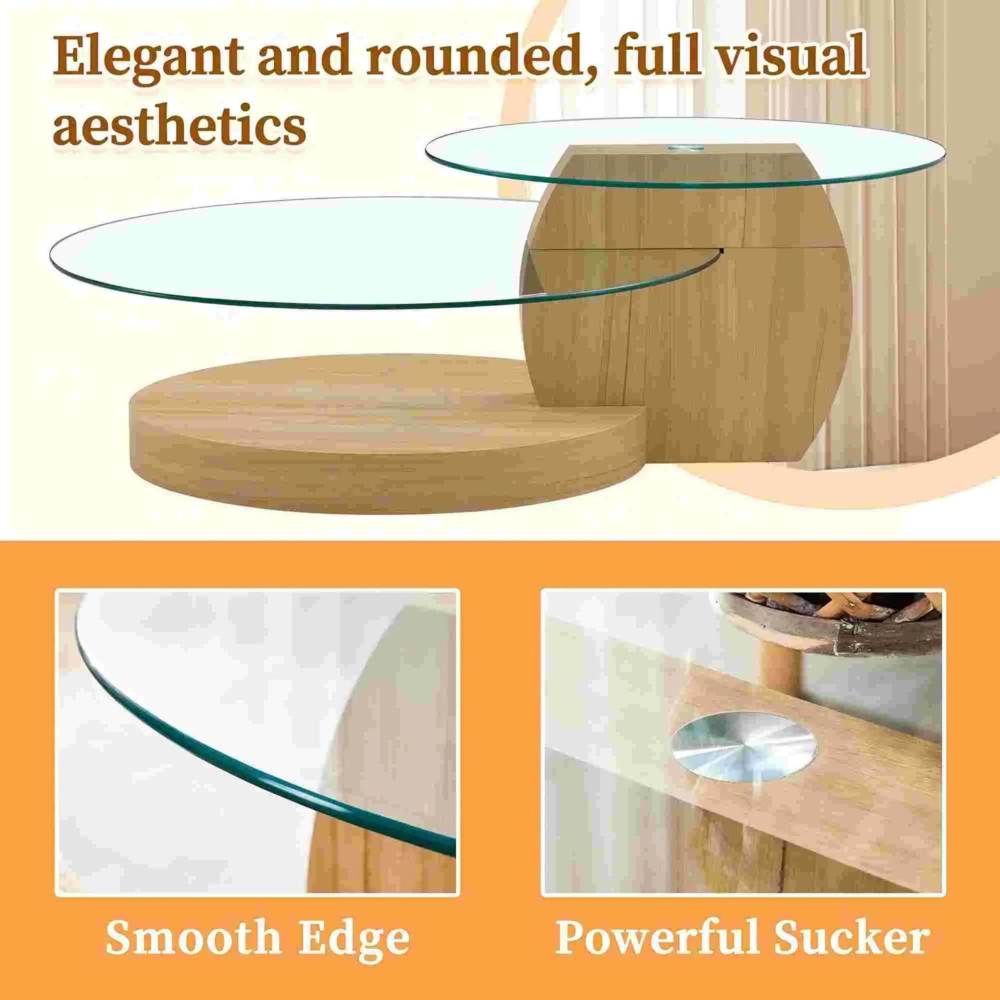 Sudica Modern Coffee Table with Double-layer Round Glass Tabletop 35.4" Tea Table with Light Wood Faux Marble Patterned Base,Center Table for Living Room