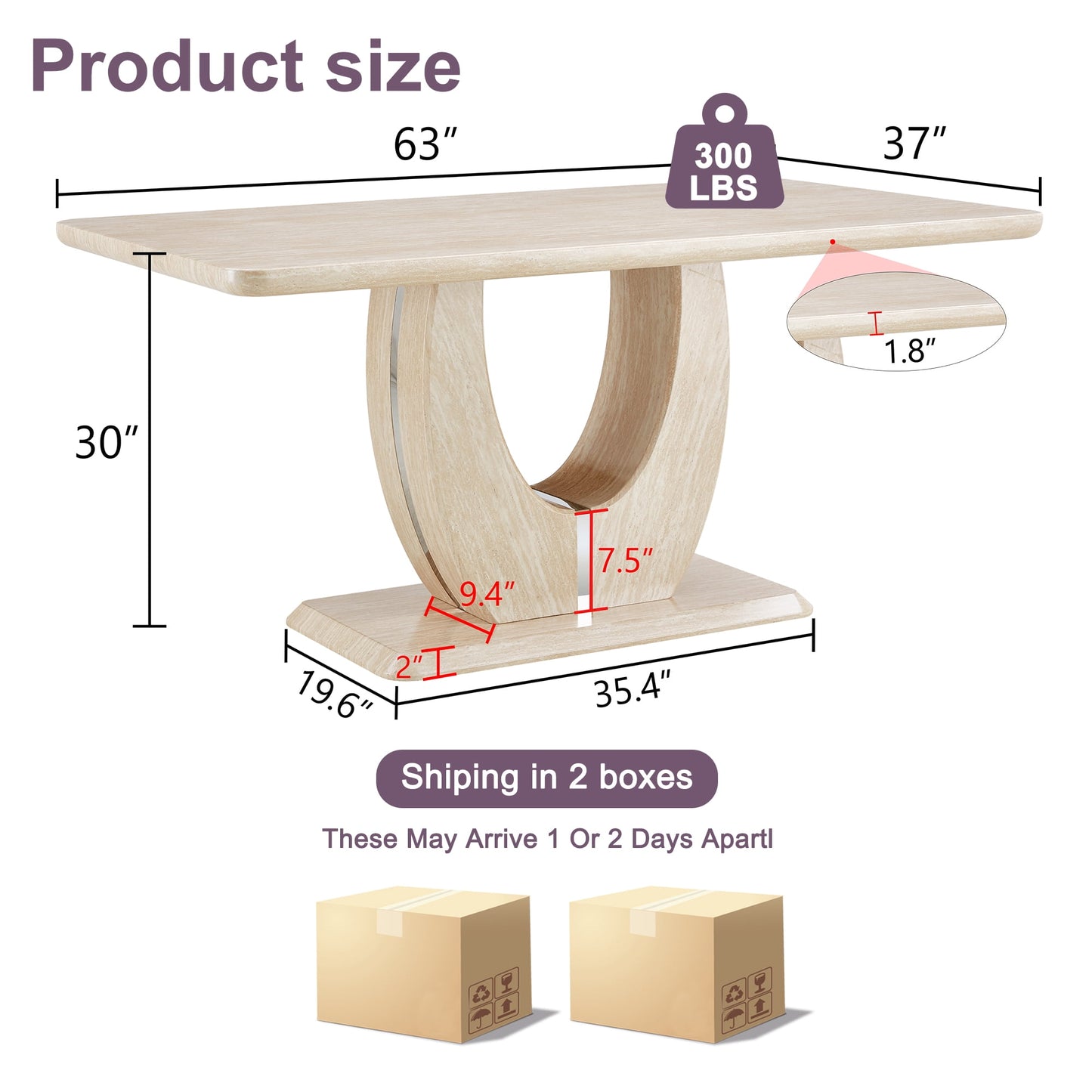 Sudica 63" Marble Dining Table for 6 Yellow Faux Marble Dining Room MDF Table with U-Shaped Support