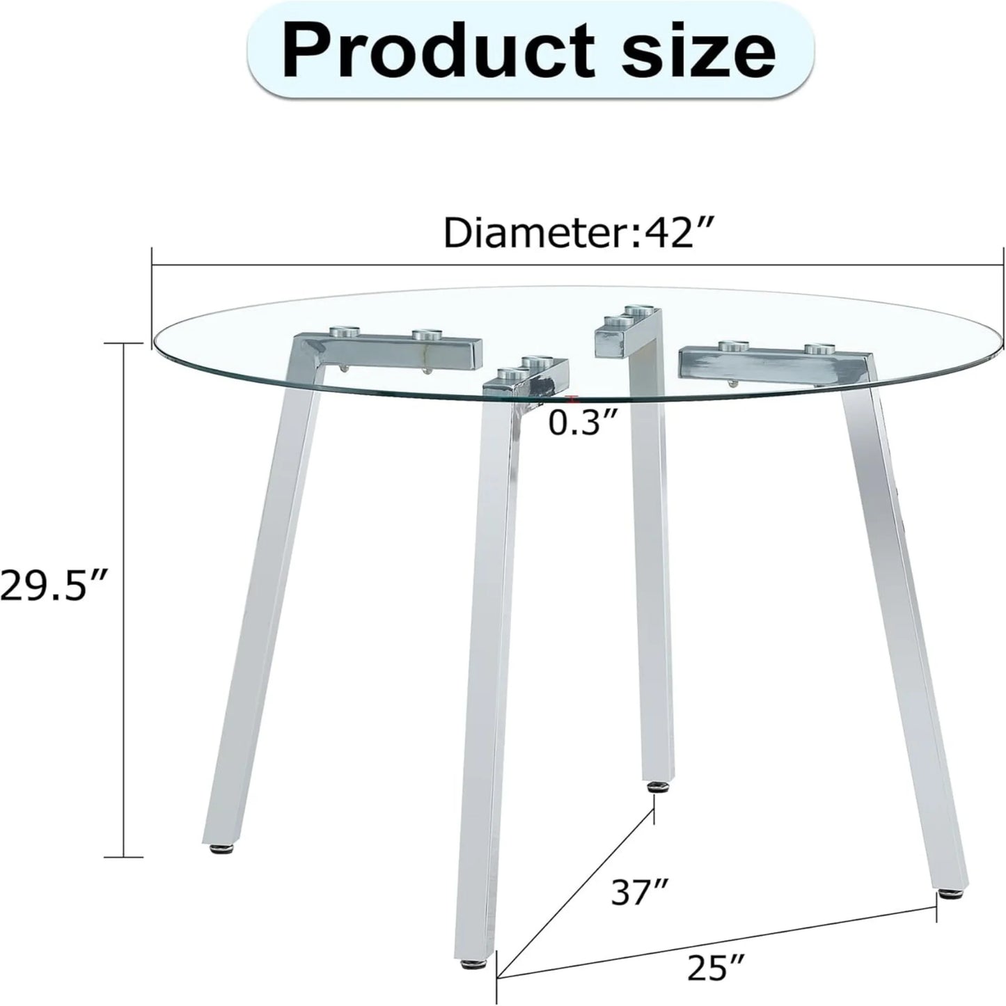 Sudica 42"Round Dining Table. Modern Minimalist Kitchen Table Glass with Metal Legs, for Kitchen, Dining Room, Silver