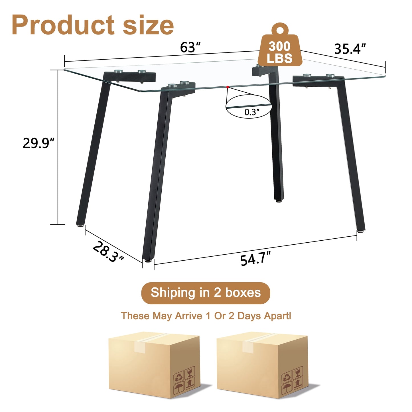 63" Glass Dining Table for 6, Sudica Clear Tempered Glass Modern Rectangular Kitchen Table with Metal Legs